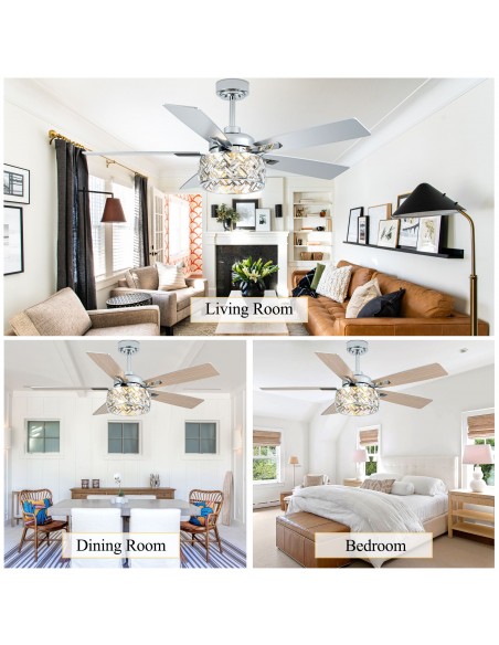 Oaks Aura 52” Crystal Ceiling Fan with Lights and Remote Control, 6-Speed DC Motor, Timer and Reversible Function