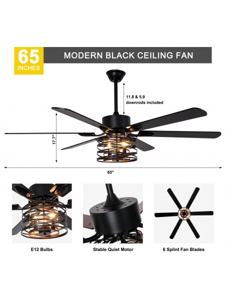 Oaks Aura 65” Matte Black Ceiling Fan with Light and Remote Control, 6-Speed DC Motor, Timer and Reversible Function