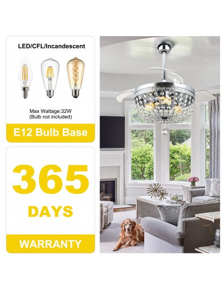 Oaks Aura 42” Crystal Ceiling Fan with Lights and Remote Control, 6-Speed Reversible DC Motor, Adjustable Height