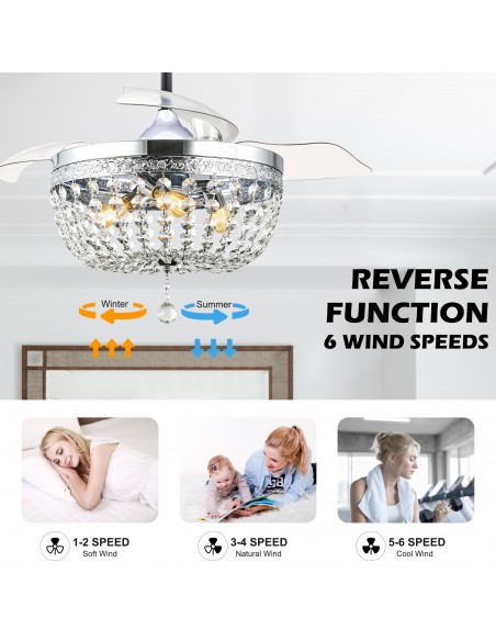 Oaks Aura 42” Crystal Ceiling Fan with Lights and Remote Control, 6-Speed Reversible DC Motor, Adjustable Height