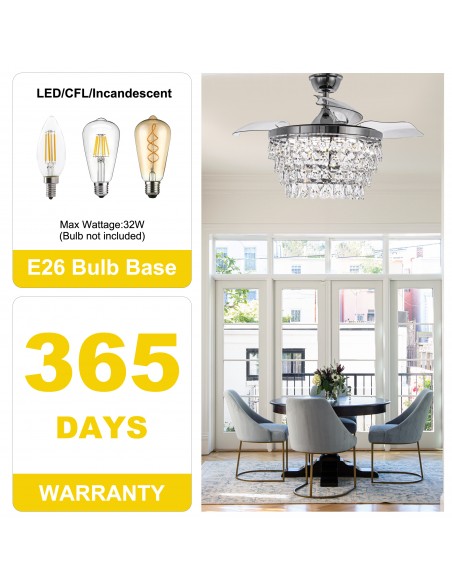 Oaks Aura 42" Crystal Ceiling Fan with Lights and Remote Control, 6-Speed Reversible DC Motor