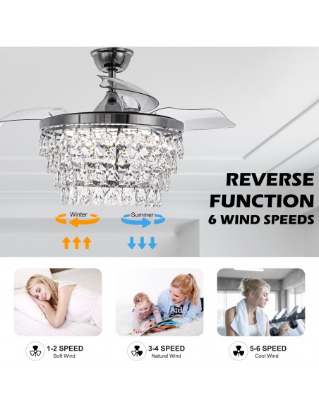 Oaks Aura 42" Crystal Ceiling Fan with Lights and Remote Control, 6-Speed Reversible DC Motor