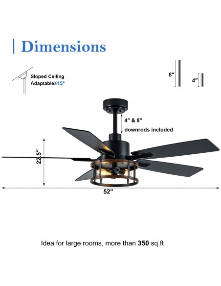 Oaks Aura 52" Modern Matte Black Ceiling Fan with Light Kit & Remote Control