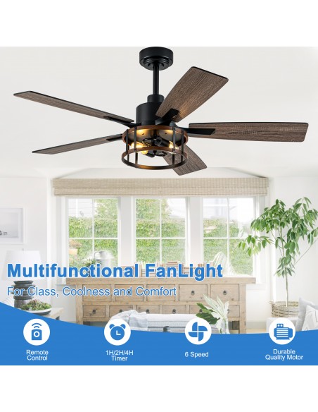 Oaks Aura 52" Modern Matte Black Ceiling Fan with Light Kit & Remote Control