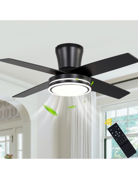 Oaks Aura 44" Flush Mount Ceiling Fan with LED Light and Remote Control, 6-Speed Quiet DC Motor, 3 Color Temperatures