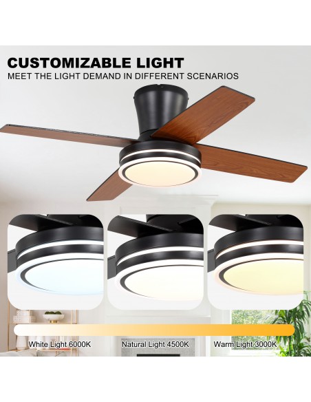 Oaks Aura 44" Flush Mount Ceiling Fan with LED Light and Remote Control, 6-Speed Quiet DC Motor, 3 Color Temperatures