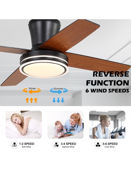 Oaks Aura 44" Flush Mount Ceiling Fan with LED Light and Remote Control, 6-Speed Quiet DC Motor, 3 Color Temperatures