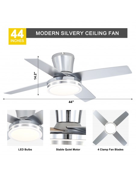Oaks Aura 44" Flush Mount Ceiling Fan with LED Light and Remote Control, 6-Speed Quiet DC Motor, 3 Color Temperatures