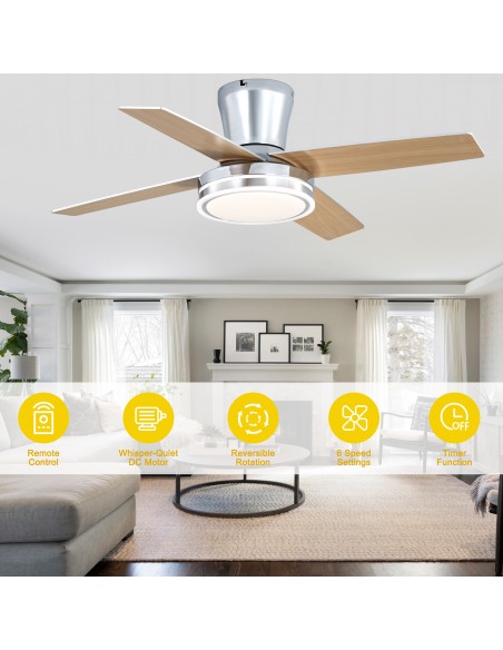 Oaks Aura 44" Flush Mount Ceiling Fan with LED Light and Remote Control, 6-Speed Quiet DC Motor, 3 Color Temperatures