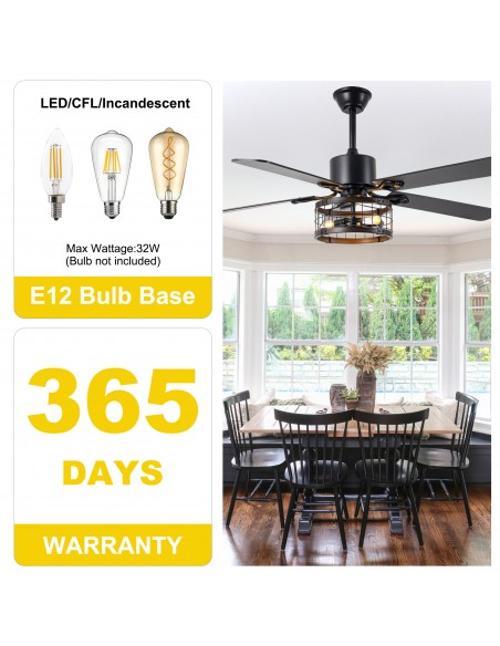 Oaks Aura 52" Black 5-Blade Ceiling Fan with Light Kit and Remote Control, 6-Speed DC Motor, Timer and Reversible Function