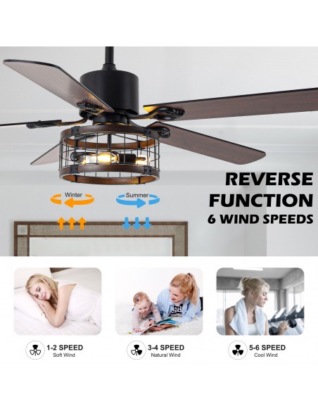 Oaks Aura 52" Black 5-Blade Ceiling Fan with Light Kit and Remote Control, 6-Speed DC Motor, Timer and Reversible Function