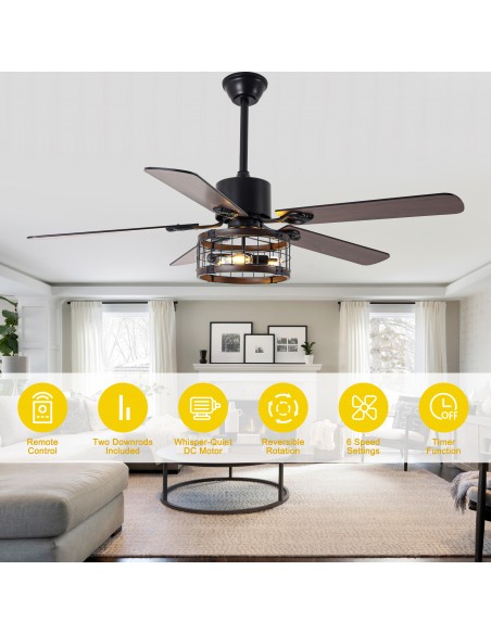 Oaks Aura 52" Black 5-Blade Ceiling Fan with Light Kit and Remote Control, 6-Speed DC Motor, Timer and Reversible Function