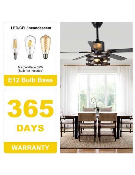 Oaks Aura 52" Modern Black Ceiling Fan with Light Kit & Remote, 5-Blade Design, 6-Speed Quiet DC Motor for Living Room, Bedroom