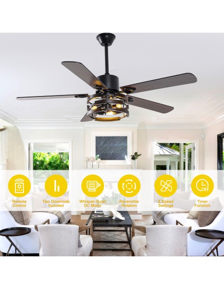 Oaks Aura 52" Modern Black Ceiling Fan with Light Kit & Remote, 5-Blade Design, 6-Speed Quiet DC Motor for Living Room, Bedroom