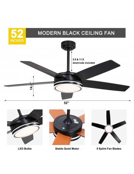 Oaks Aura 52" Modern Ceiling Fan with LED Light Kit and Remote Control, 5-Blade Design, 6-Speed Quiet DC Motor