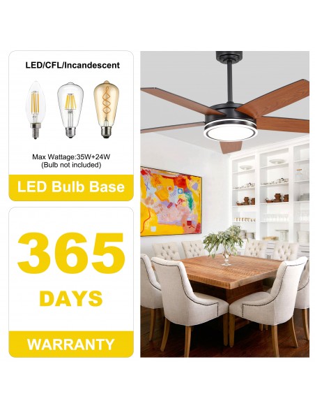 Oaks Aura 52" Modern Ceiling Fan with LED Light Kit and Remote Control, 5-Blade Design, 6-Speed Quiet DC Motor