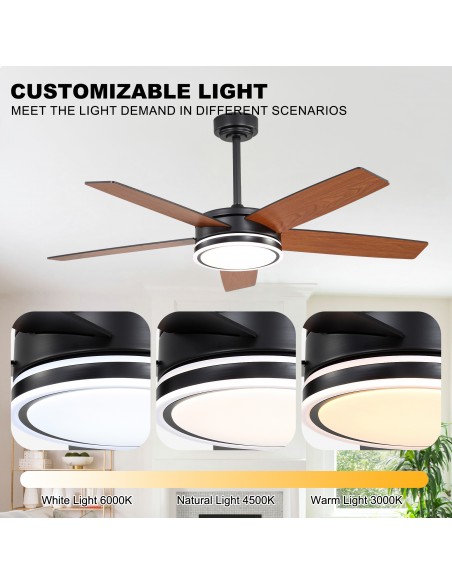 Oaks Aura 52" Modern Ceiling Fan with LED Light Kit and Remote Control, 5-Blade Design, 6-Speed Quiet DC Motor
