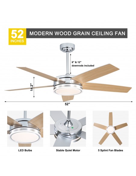 Oaks Aura 52" Modern Ceiling Fan with LED Light Kit and Remote Control, 5-Blade Design, 6-Speed Quiet DC Motor