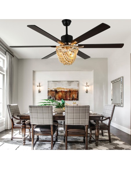 Oaks Aura 65" Boho Wood Bead Ceiling Fan with Light Kit & Remote, 6-Blade Design, 6-Speed Quiet DC Motor