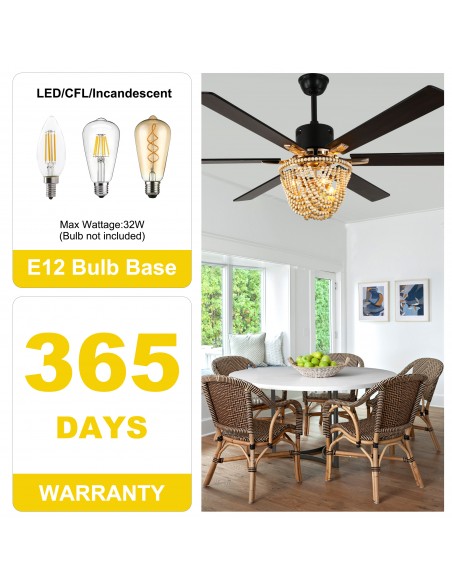 Oaks Aura 65" Boho Wood Bead Ceiling Fan with Light Kit & Remote, 6-Blade Design, 6-Speed Quiet DC Motor