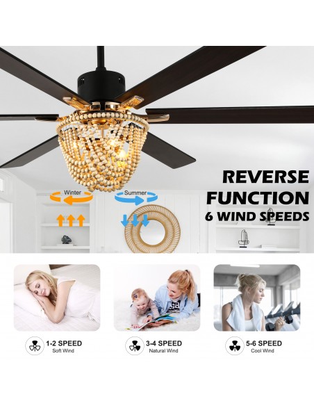 Oaks Aura 65" Boho Wood Bead Ceiling Fan with Light Kit & Remote, 6-Blade Design, 6-Speed Quiet DC Motor