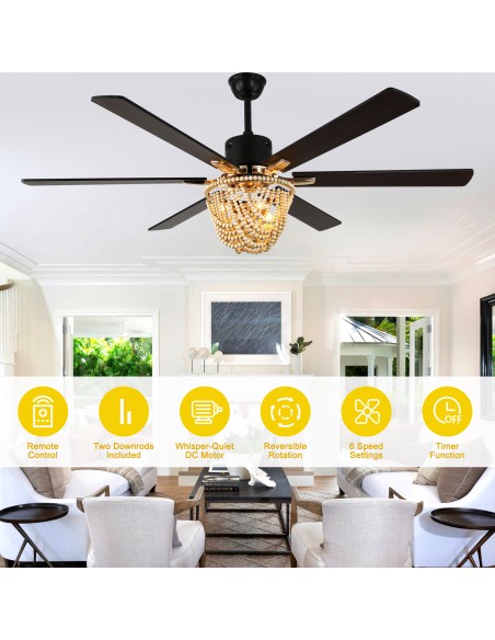 Oaks Aura 65" Boho Wood Bead Ceiling Fan with Light Kit & Remote, 6-Blade Design, 6-Speed Quiet DC Motor
