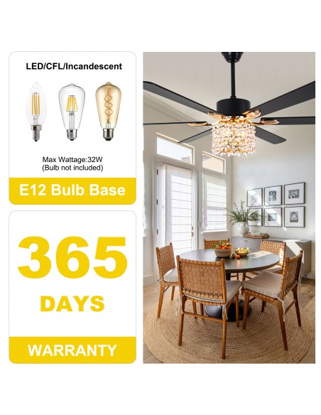 Oaks Aura 65" Crystal Ceiling Fan with LED Light Kit & Remote, 6-Speed Quiet DC Motor