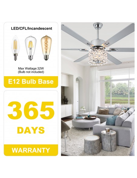 Oaks Aura 65" Crystal Ceiling Fan with LED Light Kit & Remote, 6-Speed Quiet DC Motor