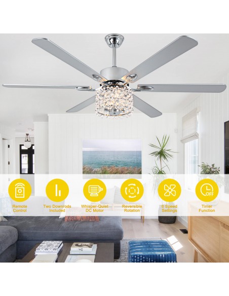 Oaks Aura 65" Crystal Ceiling Fan with LED Light Kit & Remote, 6-Speed Quiet DC Motor