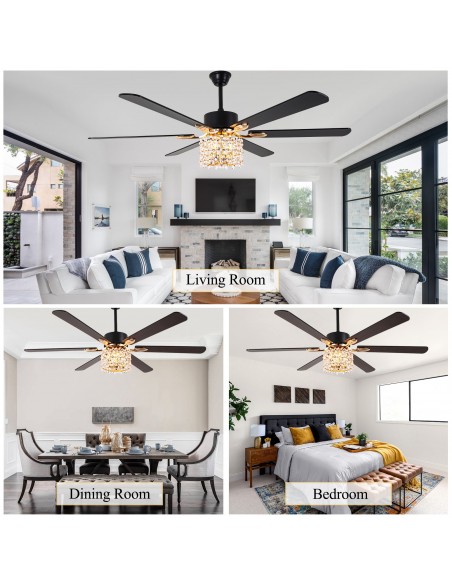 Oaks Aura 65" Crystal Ceiling Fan with LED Light Kit & Remote, 6-Speed Quiet DC Motor