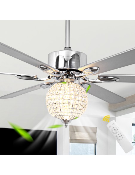 Oaks Aura 65" Crystal Ball Ceiling Fan with LED Light Kit & Remote, 6-Speed Quiet DC Motor for Living Room