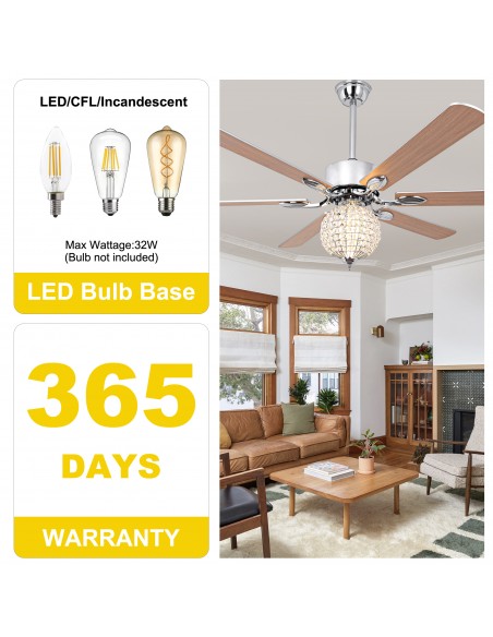Oaks Aura 65" Crystal Ball Ceiling Fan with LED Light Kit & Remote, 6-Speed Quiet DC Motor for Living Room