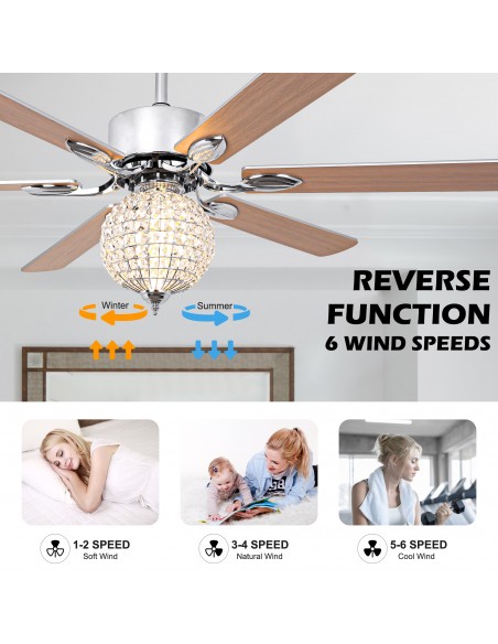 Oaks Aura 65" Crystal Ball Ceiling Fan with LED Light Kit & Remote, 6-Speed Quiet DC Motor for Living Room