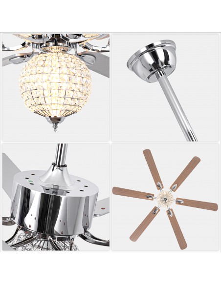 Oaks Aura 65" Crystal Ball Ceiling Fan with LED Light Kit & Remote, 6-Speed Quiet DC Motor for Living Room