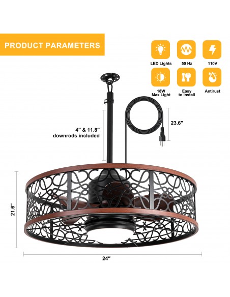 Oaks Aura 24” Smart Outdoor Black Ceiling Fan with Dimmable LED Lights and Remote&APP Control, Waterproof Plug-in Caged Design