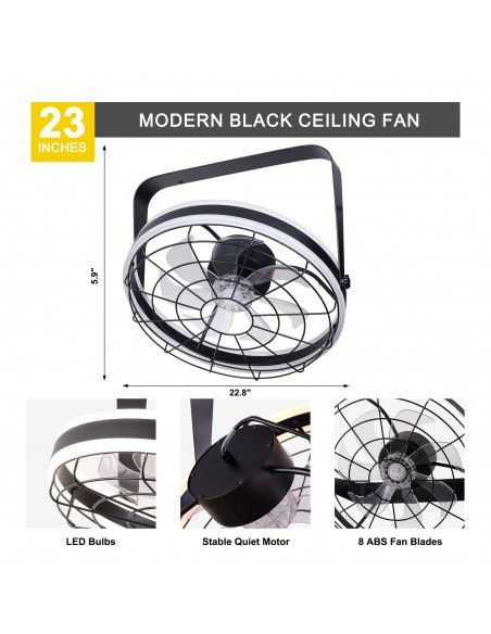 Oaks Aura 22 inch Black Wall Mounted Ceiling Fan with Light and Remote, 8-Blade DC Motor, 6 Speeds
