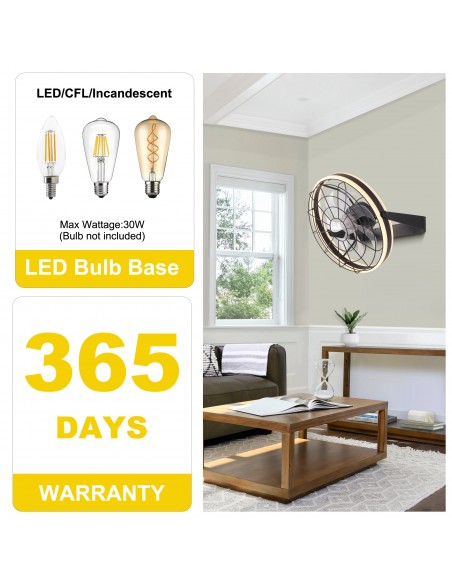 Oaks Aura 22 inch Black Wall Mounted Ceiling Fan with Light and Remote, 8-Blade DC Motor, 6 Speeds