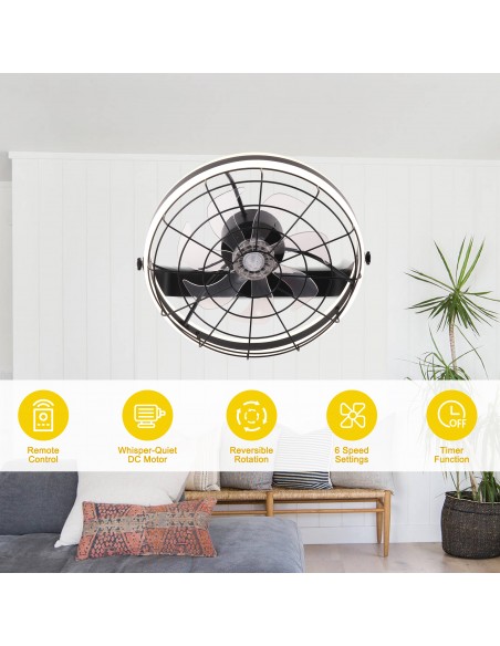 Oaks Aura 22 inch Black Wall Mounted Ceiling Fan with Light and Remote, 8-Blade DC Motor, 6 Speeds