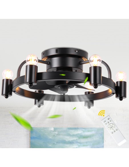 Oaks Aura 20 Inch Black Flush Mount Ceiling Fan with Light and Remote Control, 6 Speeds, Reversible DC Motor, Timer Chandelier