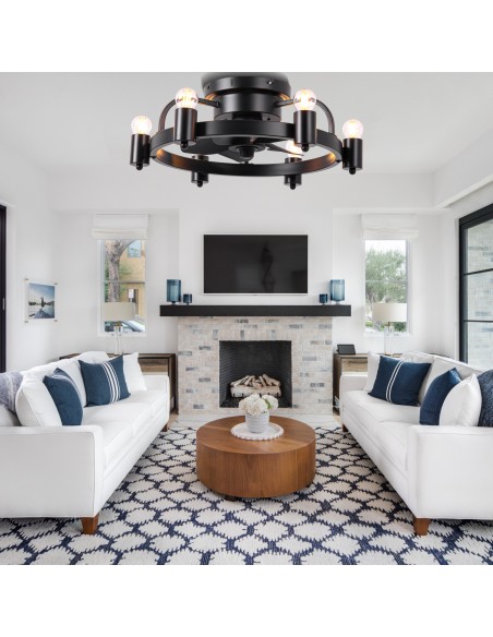 Oaks Aura 20 Inch Black Flush Mount Ceiling Fan with Light and Remote Control, 6 Speeds, Reversible DC Motor, Timer Chandelier