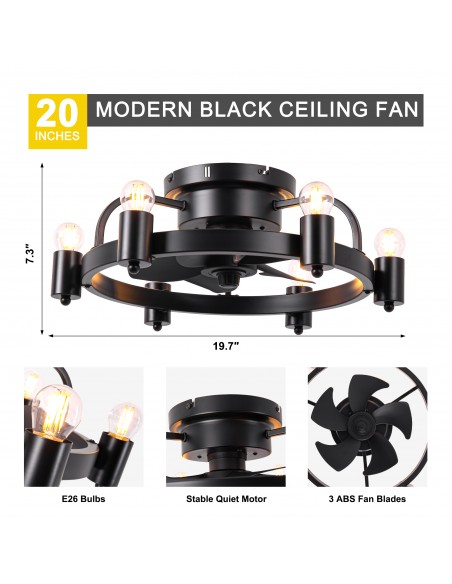 Oaks Aura 20 Inch Black Flush Mount Ceiling Fan with Light and Remote Control, 6 Speeds, Reversible DC Motor, Timer Chandelier