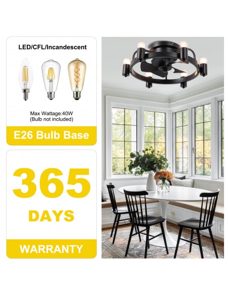 Oaks Aura 20 Inch Black Flush Mount Ceiling Fan with Light and Remote Control, 6 Speeds, Reversible DC Motor, Timer Chandelier