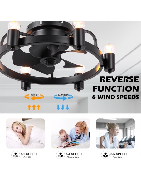 Oaks Aura 20 Inch Black Flush Mount Ceiling Fan with Light and Remote Control, 6 Speeds, Reversible DC Motor, Timer Chandelier