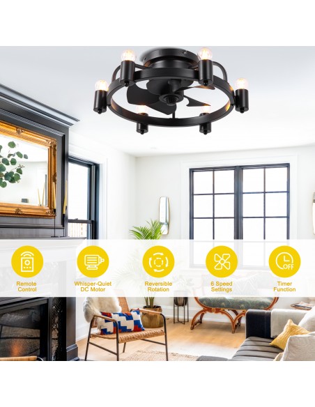 Oaks Aura 20 Inch Black Flush Mount Ceiling Fan with Light and Remote Control, 6 Speeds, Reversible DC Motor, Timer Chandelier