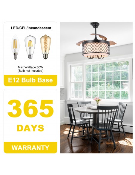 Oaks Aura 42" Black Invisible Ceiling Fan with Light and Remote Control, Reversible DC Motor, 6 Speeds, Timer