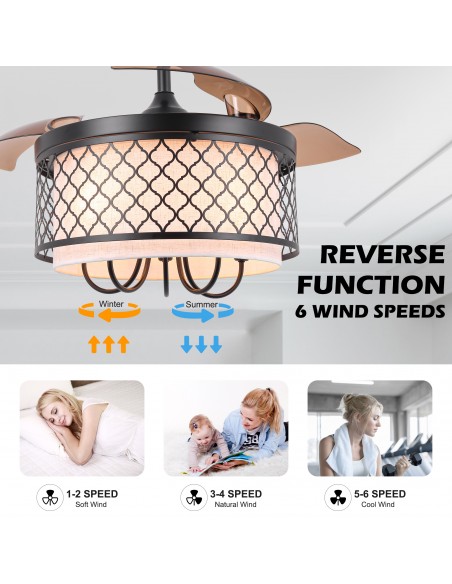 Oaks Aura 42" Black Invisible Ceiling Fan with Light and Remote Control, Reversible DC Motor, 6 Speeds, Timer