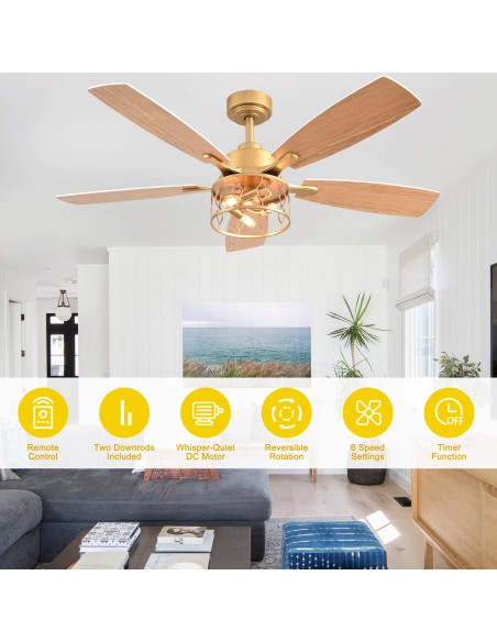 Oaks Aura 52” Modern Ceiling Fan with Light and Remote, 6-Speed Quiet DC Motor