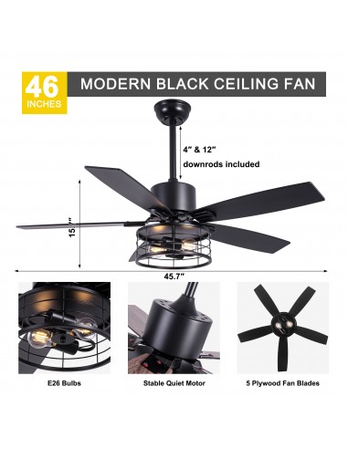 46" Black Modern Ceiling Fan with...