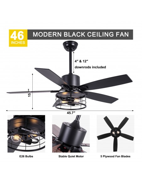 46" Black Modern Ceiling Fan with Light and Remote, 6-Speed Quiet DC Motor for Living Room, Bedroom