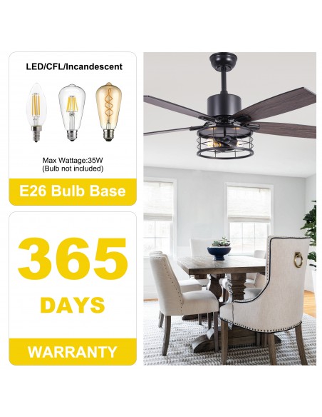 46" Black Modern Ceiling Fan with Light and Remote, 6-Speed Quiet DC Motor for Living Room, Bedroom